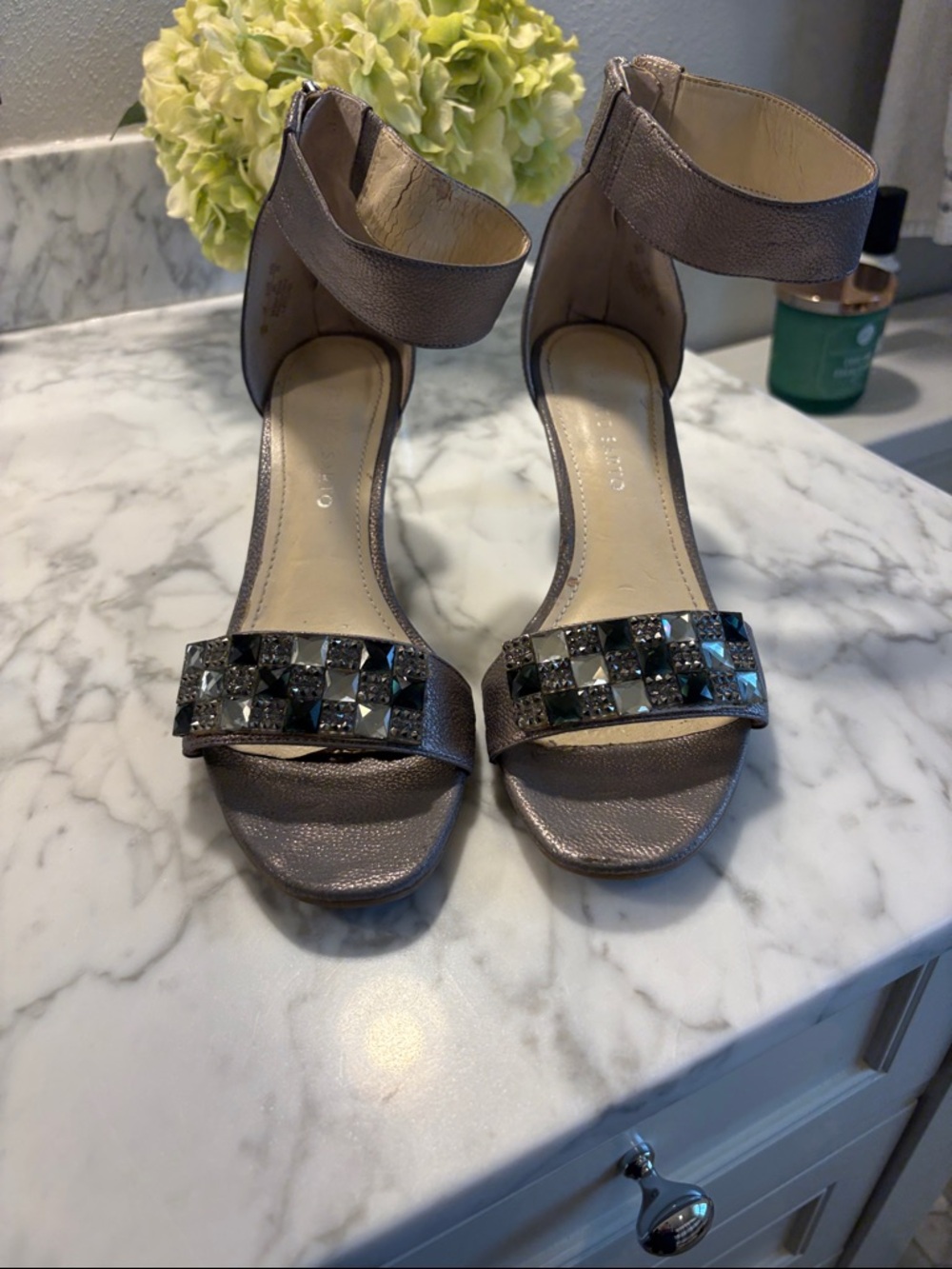 Franco Sarto Metallic Silver Jeweled Ankle-Strap Heels